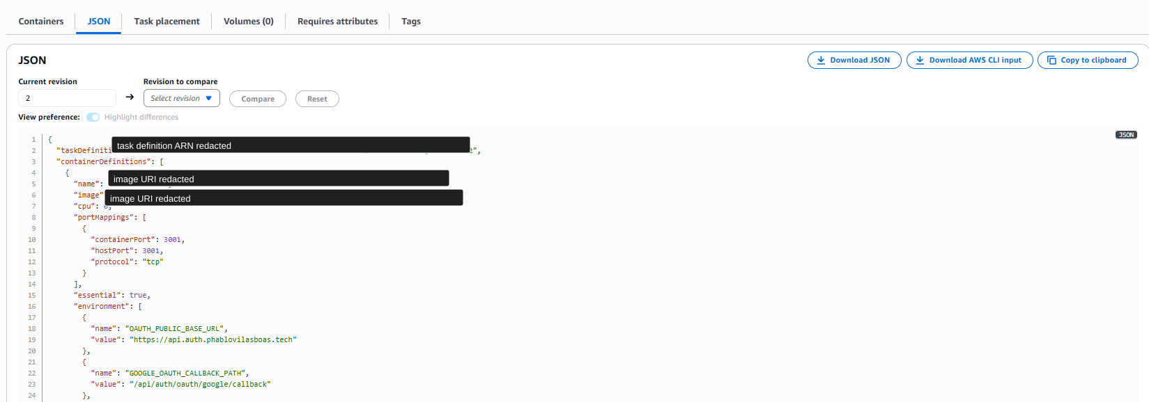 ECS task definition showing the auth-service container settings