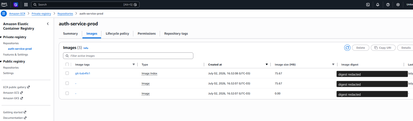 ECR repository showing the auth-service image tag