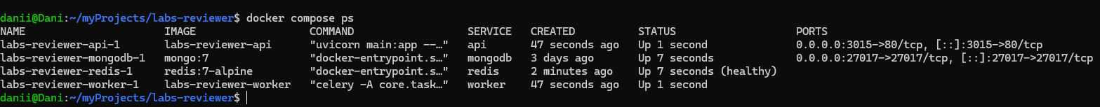 Docker Compose services showing the Labs Reviewer worker running