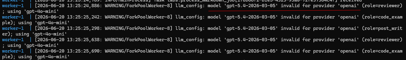 Worker logs showing OpenAI model fallback warnings