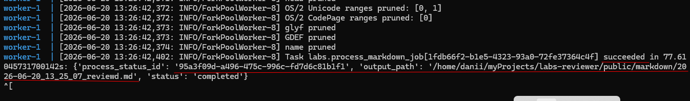 Worker logs showing the task completed successfully