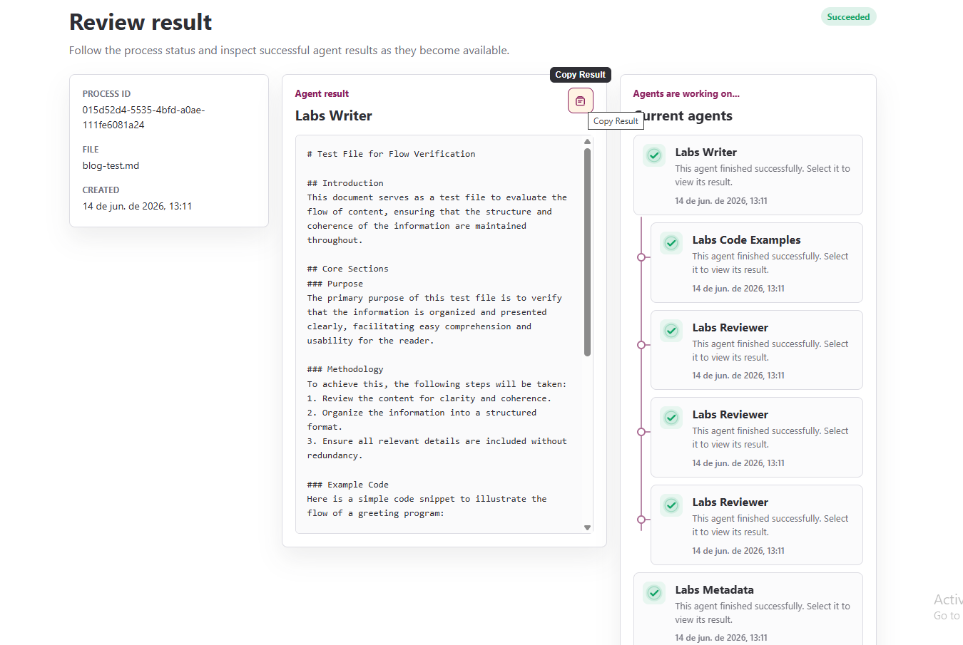 Frontend review workflow running with custom status icons and progress feedback