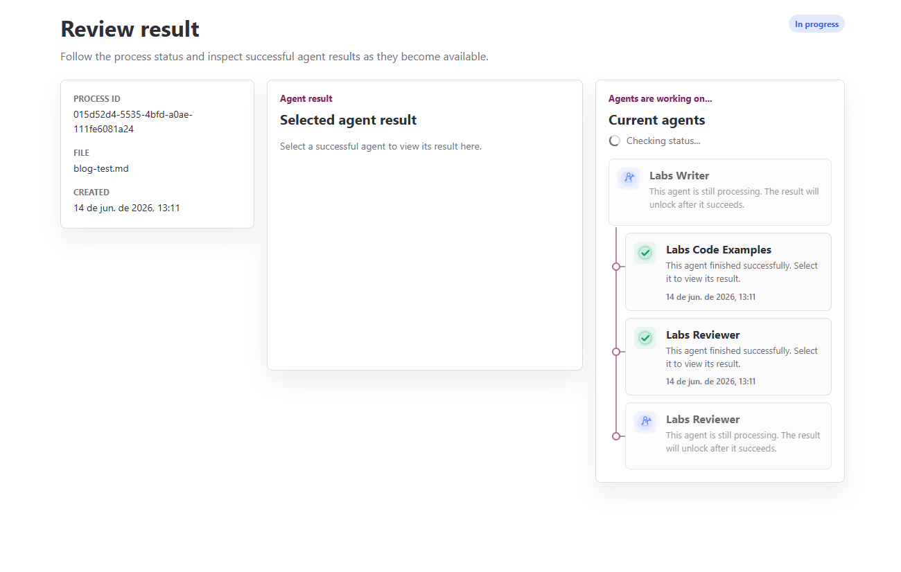 Frontend review workflow running with custom status icons and progress feedback